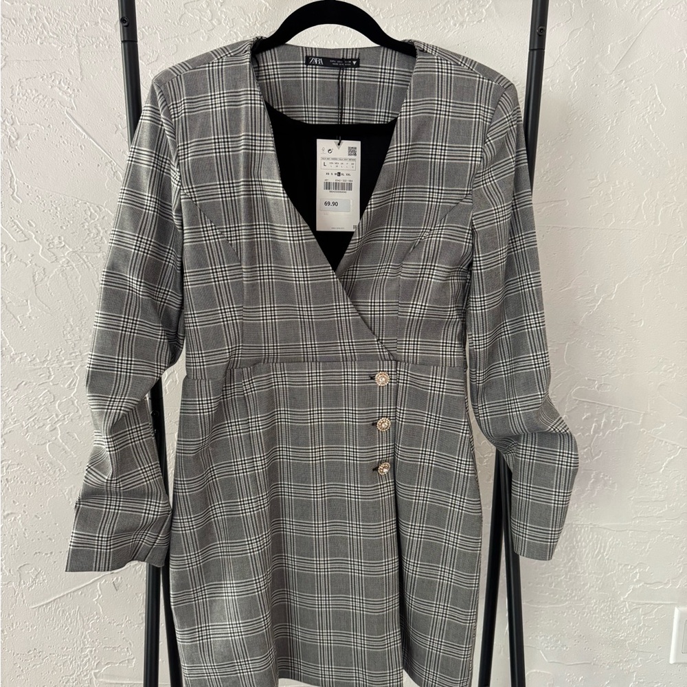 Zara Gray Plaid One Shoulder Dress